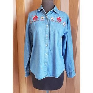 Maggie & Max  PM blue denim embroidered  birdhouse long sleeve button up top